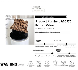 Detail view of leopard faux fur bucket hat featuring adjustable inner drawstring and fabric specs