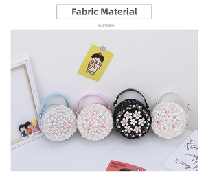 Detail view of mini round tweed bags in four colors with 3D flower and pearl decor