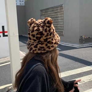 Cute Bear Ears Plush Bucket Hat Winter Warm Soft Velvet Yarn Leopard Print Cloche Cap For Women Girls Outdoor Shopping Travel