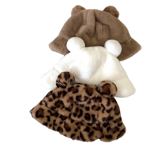 Winter faux fur bucket hat with cute bear ears in brown white and leopard pattern