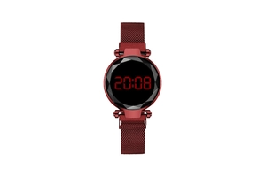 Detail of red LED digital watch featuring a faceted glass dial and mesh magnetic strap