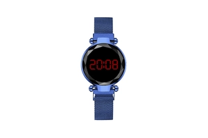 Close-up of blue mesh magnetic band and red LED digital display on women's watch