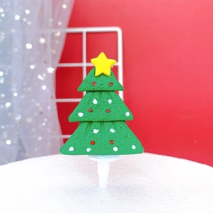 Christmas tree felt cake topper with yellow star and red dots for party decoration