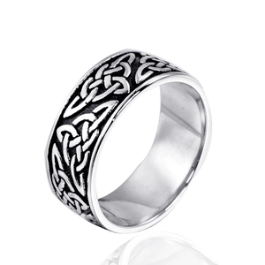 Vintage Viking Celtic knot stainless steel ring with relief pattern on white background