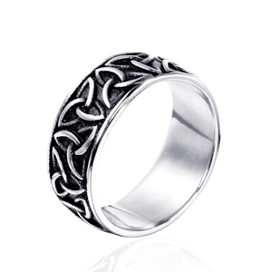 Vintage stainless steel Viking ring featuring Celtic Triquetra knot in antique silver finish