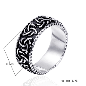 Macro detail of silver stainless steel ring with 8mm Celtic knot pattern and 5.7g weight