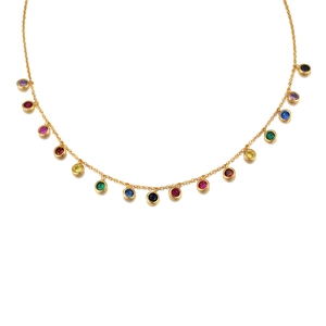 S925 sterling silver gold necklace with round colorful rainbow zircon gemstones pendant