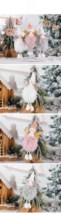 Detailed view of plush angel ornaments with glitter wings in pink, white, and grey