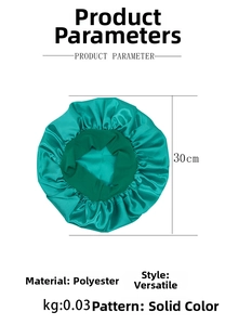 Detailed product specs of the green satin bonnet showing 30cm diameter and polyester material