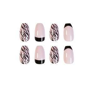 French stripe zebra pattern press-on nails in grey pink purple and black square oval shape