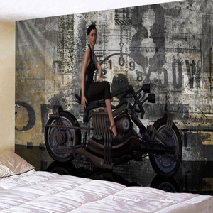 Cyberpunk Schlafzimmer Wandteppich mit Frau auf Motorrad und Vintage industriellem Kunstdekor