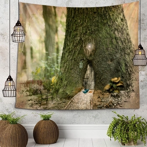 3D Fantasiewald Wandteppich mit altem Baum und Moospfad für Wohnheim Wanddekoration