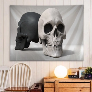 Black and white skull wall tapestry decor for bedroom with realistic 3D aesthetic design