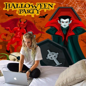 Detail of Halloween Party wall tapestry showing red devil and vampire cartoon graphics