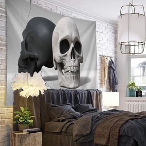 Detail of 3D skull wall tapestry hanging in a bedroom setting with realistic textures