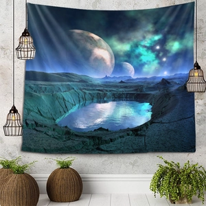 Sci-fi outer space tapestry with massive planets and glowing nebula for room decor