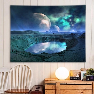 Detailed macro view of 3D galaxy tapestry with moon and nebula over a calm lake