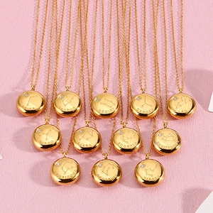 Zodiac Pendant Necklace Gold Plated Stainless Steel Round Coin Constellation Star Map Engraved Zircon Fashion Jewelry Gift