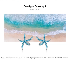 Detailed close-up of s925 silver starfish earrings with pavé blue zircon stones