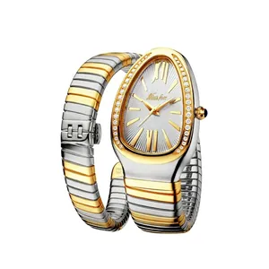 Women's Snake Shaped Quartz Watch Stainless Steel Wrap Around Spiral Tubogas Bracelet Luxury Rhinestone Bezel Fashion Timepiece