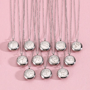Collier Constellation Signes Du Zodiaque En Acier Inoxydable Pendentif Galet Rond Zircon Incrusté Pour Femmes