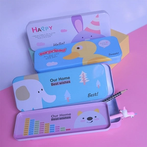 Detail of metal pencil case with cartoon animals and interior multiplication table