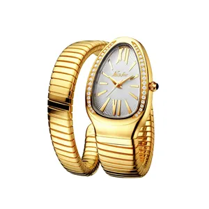 Luxury gold snake head watch for women with sparkling diamonds and winding steel strap