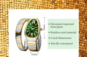 Detailed specs of luxury snake-shaped watch with green dial and crystal bezel