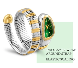 Detail of two-tone double spiral snake watch with green sunray dial and crystals