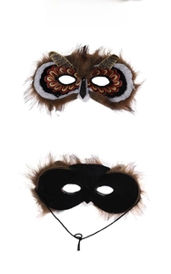 Front and back detail of realistic brown owl mask with feathers and elastic strap