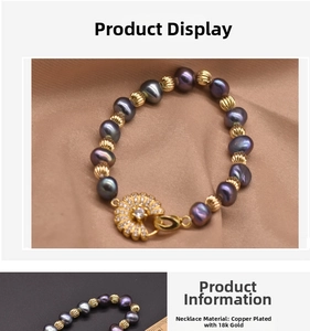 Détail de perles baroques mauves et perles plaquées or 18K avec fermoir fleur diamanté