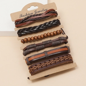 Set di 6 bracciali vintage in pelle intrecciata e perline di legno da uomo marrone e nero