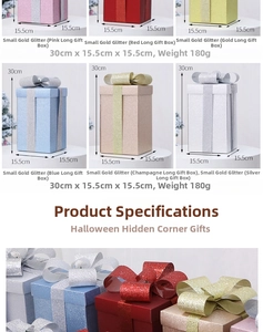 Detail view of multi-color matte Christmas gift boxes with glitter finish and ribbons