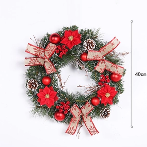 Christmas wreath with red fabric flowers, pine cones and 40cm diameter size marking