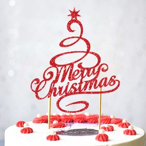 Roter Glitzer Merry Christmas Tortenstecker in Tannenform für die Weihnachtsdekoration