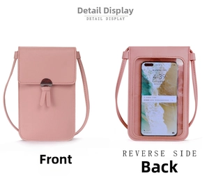 Pink PU leather phone bag detail featuring a touchscreen window and decorative buckle
