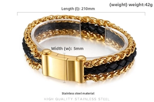 Close-up of triple-layer men's bracelet with gold steel chain and black leather cord