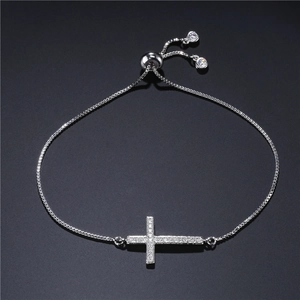 Classic silver cross bracelet with AAA zirconia stones and adjustable box chain for women