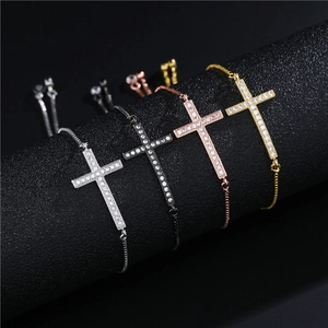 Sideways Cross Bolo Armband Kupfer AAA Zirkonia Mikro Pave Verstellbare Box Kette Religiöser Schmuck Geschenk Für Frauen