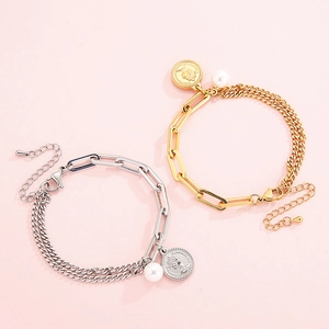 Titanium steel Elizabeth coin bracelet with pearls in gold and silver finishes