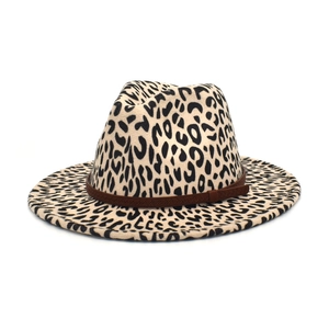 Fashionable leopard print wool felt fedora hat with a woven brown band on white background