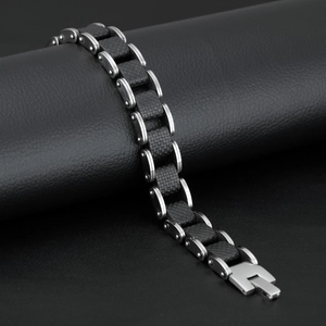 Men's black carbon fiber and stainless steel link bracelet with secure metal clasp