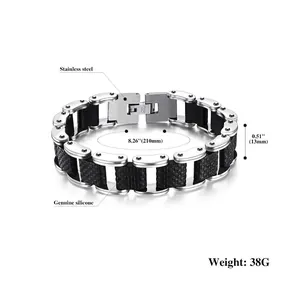 Men's black silicone and stainless steel bracelet with 8.26 inch length and clasp