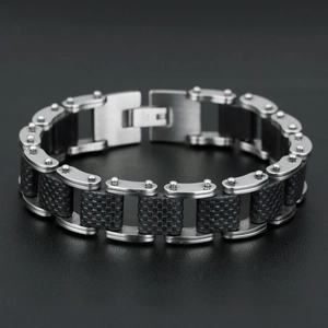 Men's black carbon fiber and polished silver steel link bracelet with industrial design