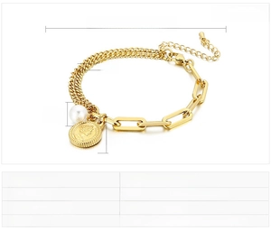 Detail of gold-plated bracelet with coin pendant, shell pearl, and mixed chain texture