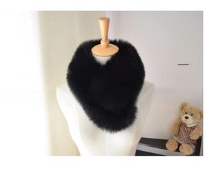 Close-up of thick black faux fox fur neck warmer with glossy texture on mannequin