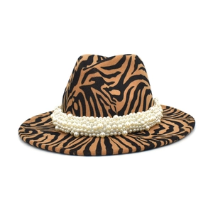 Stylish zebra print wool fedora hat for women with luxury pearl band decoration