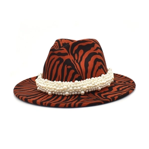 Orange zebra print wool fedora hat with multi-layer pearl band and wide brim for women