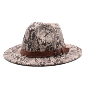 Snakeskin print wool fedora hat with brown leather belt and wide brim for men and women