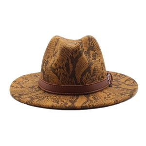 Detailed view of the snakeskin print wool fedora hat with a brown leather decorative band
